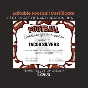 End of Season Football Awards, Editable Certificate, Printable Award Award Certificate, Football Certificate of Participation Award image 1