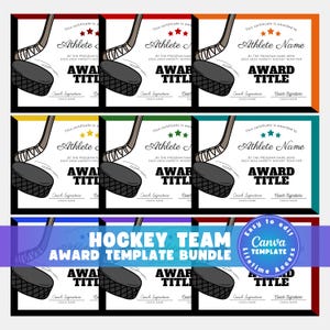 Editable Hockey Certificate Awards Template, 40 Award Certificates in 8 Colors, Ice Hockey Team Awards, Coach End of Season Canva Bundle