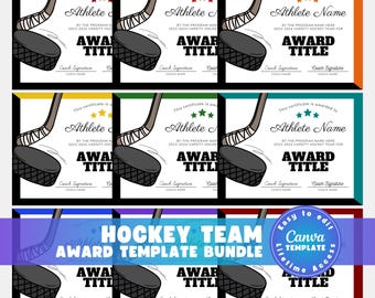 Editable Hockey Certificate Awards Template, 40 Award Certificates in 8 Colors, Ice Hockey Team Awards, Coach End of Season Canva Bundle
