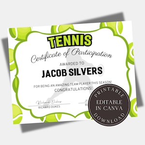Modello per pacchetto di premi di tennis, certificati di tennis modificabili, regalo di ringraziamento per l'allenatore della squadra, download stampabile da Canva