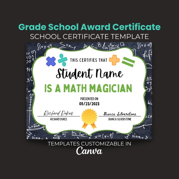 Editable School Certificate Math Student, Elementary Classroom Award Certificate,  Template, Printable Graduation Awards,