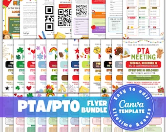 PTA PTO flyer bundle, editable PTO recruitment flyer template, Pta meeting flyer, school newsletter, parent volunteer Canva bundle