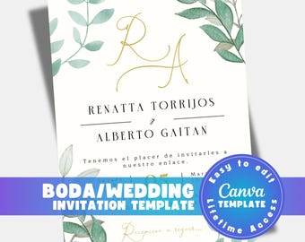 Spanish wedding invitation, editable Canva template, floral invitacion de boda, 5x7 printable download