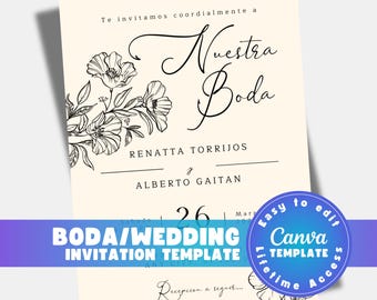 Spanische Hochzeitseinladung zum ausdrucken, invitacion de boda bearbeitbar, 5x7 Canva Vorlage, floraler digitaler Download