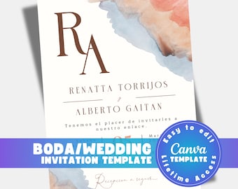 Plantilla de invitación de boda en español, invitación de boda editable, Canva 5x7 imprimible, invitacion de boda digital