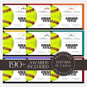Editable Softball Awards Printable Softball Team Certificate Bundle Canva Template  Team Party Gift for Softball Player
