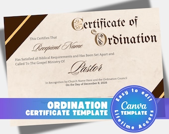 Editable Certificate of Ordination Template - Ministry Credential (Digital Download)