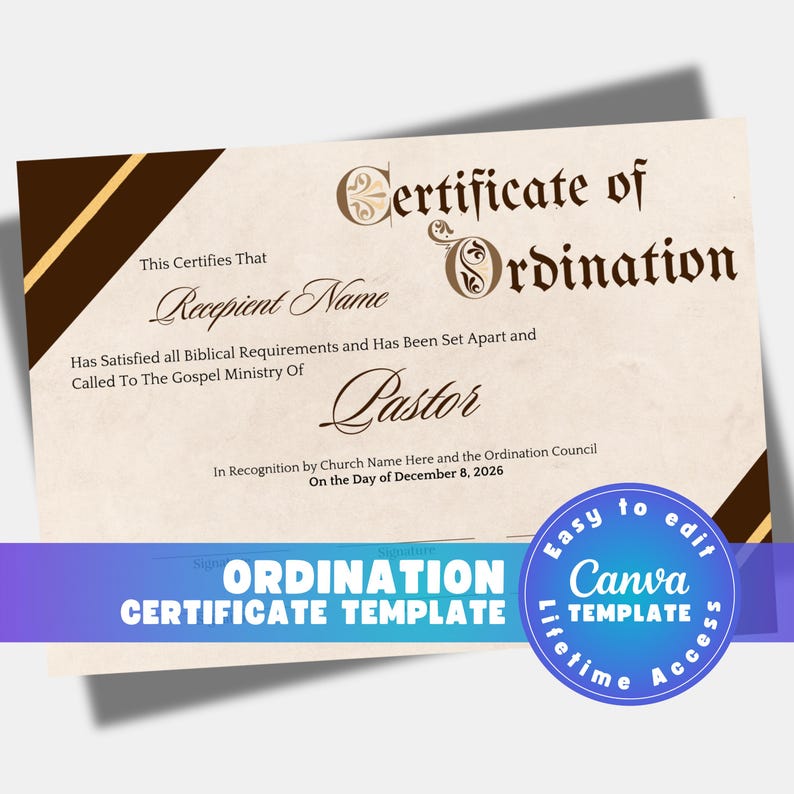 Editable Certificate of Ordination Template - Ministry Credential (Digital Download) image 1