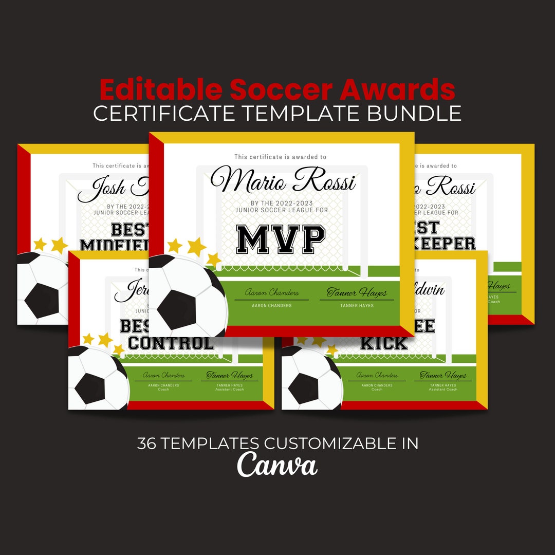 Soccer Award Certificate, Template Bundle, Printable Award, Soccer ...