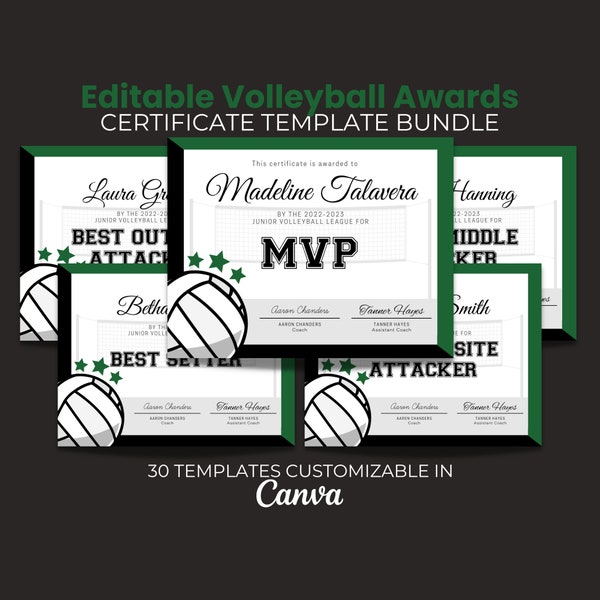 End of Season Volleyball Awards Bundle, Editable Volleyball Certificates, Printable Team Party Certificates, Volleyball Participation Green