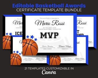 End of Season Basketball Awards, Editable Basketball Award Certificate Bundle,  Template Bundle, Printable, Kids Basketball Blue