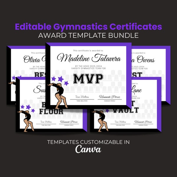 Editable Gymnastics Certificate Bundle, Printable Gymnast Award, Aerobatics Awards, Gymnastics Team Party Award,  Template, Purple