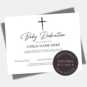 Certificado de Dedicación Editable Plantilla de Certificado de Bautismo Certificado de Dedicación Bautizo de Bebé Iglesia Dedicación de Niño