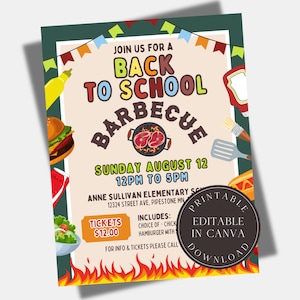 Bewerkbare barbecue-flyer terug naar school Afdrukbare terug naar school barbecue-bord start van het jaar poster inzamelingsactie poster PTO PTA-flyer