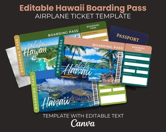 Tarjeta de embarque editable, plantilla de boleto imprimible de vacaciones en Hawái, invitación sorpresa, boletos de vacaciones de regalo, boleto de avión, personalizado