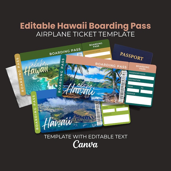 Editable Boarding Pass, Hawaii Vacation Printable Ticket Template, Surprise Invitation, Gift Vacation Tickets, Airline Ticket, Custom