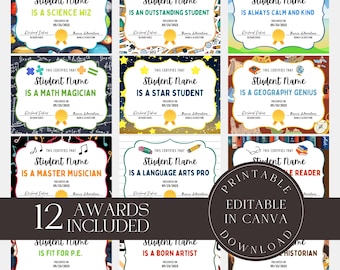 School award certificate bundle, editable classroom award printable, elementary student certificate set, Canva template