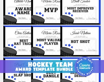 Editable Hockey Certificate Awards Template, 40 Award Certificates in 8 Colors, Ice Hockey Team Awards, Coach End of Season Canva Bundle