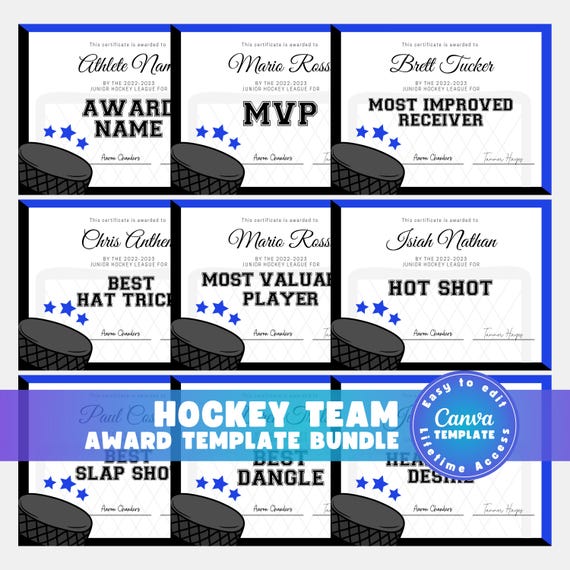 Editable Hockey Certificate Awards Template, 40 Award Certificates in 8 Colors, Ice Hockey Team Awards, Coach End of Season Canva Bundle