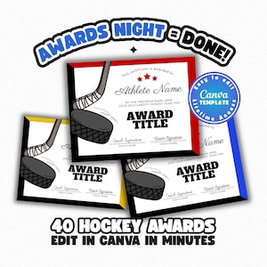 Editable Hockey Certificate Awards Template, 40 Award Certificates in 8 Colors, Ice Hockey Team Awards, Coach End of Season Canva Bundle
