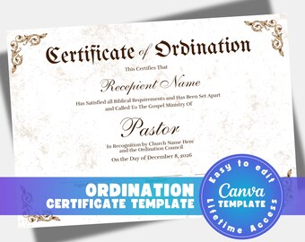 Editable Certificate of Ordination Template (Digital Download)