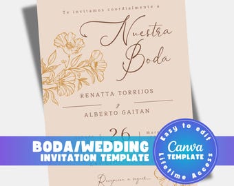Bearbeitbare spanische Hochzeitseinladungsvorlage, florale Boda-Einladung, Canva Printable, 13x18 digitaler Download