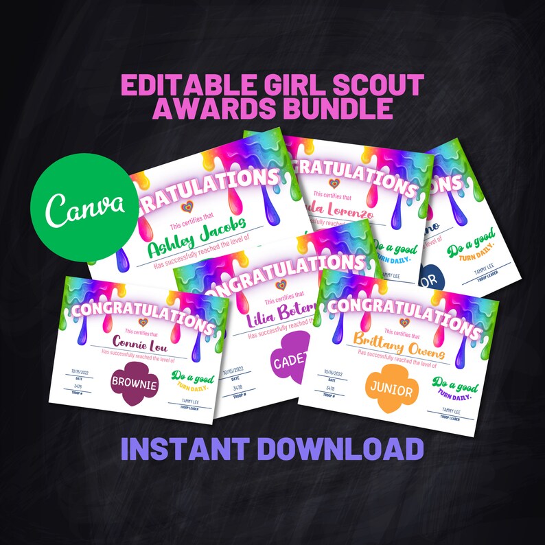 Girl Scout Rank Achievement Certificate Editable Award Bundle Etsy