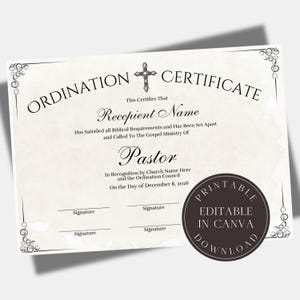 Editable Printable Certificate of Ordination  Template Ministry Certificate Ordained Minister Digital Download Credential of Ministry