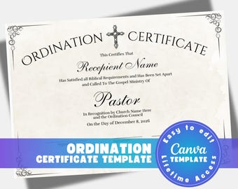Editable Certificate of Ordination Template Ministry Credential (Digital Download)