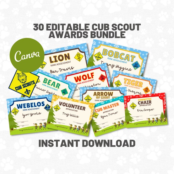 Cub Scout Certificate Rank Achievement Editable Award Bundle Etsy