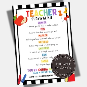 Editable Teacher Survival Kit Card Back to School Teacher Gift Printable  Template Teacher Appreciation Week First Day of School