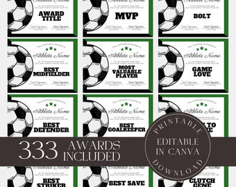 Plantilla editable de premios de fútbol, certificados de premios de fútbol personalizados, regalo para entrenadores, Canva digital imprimible.