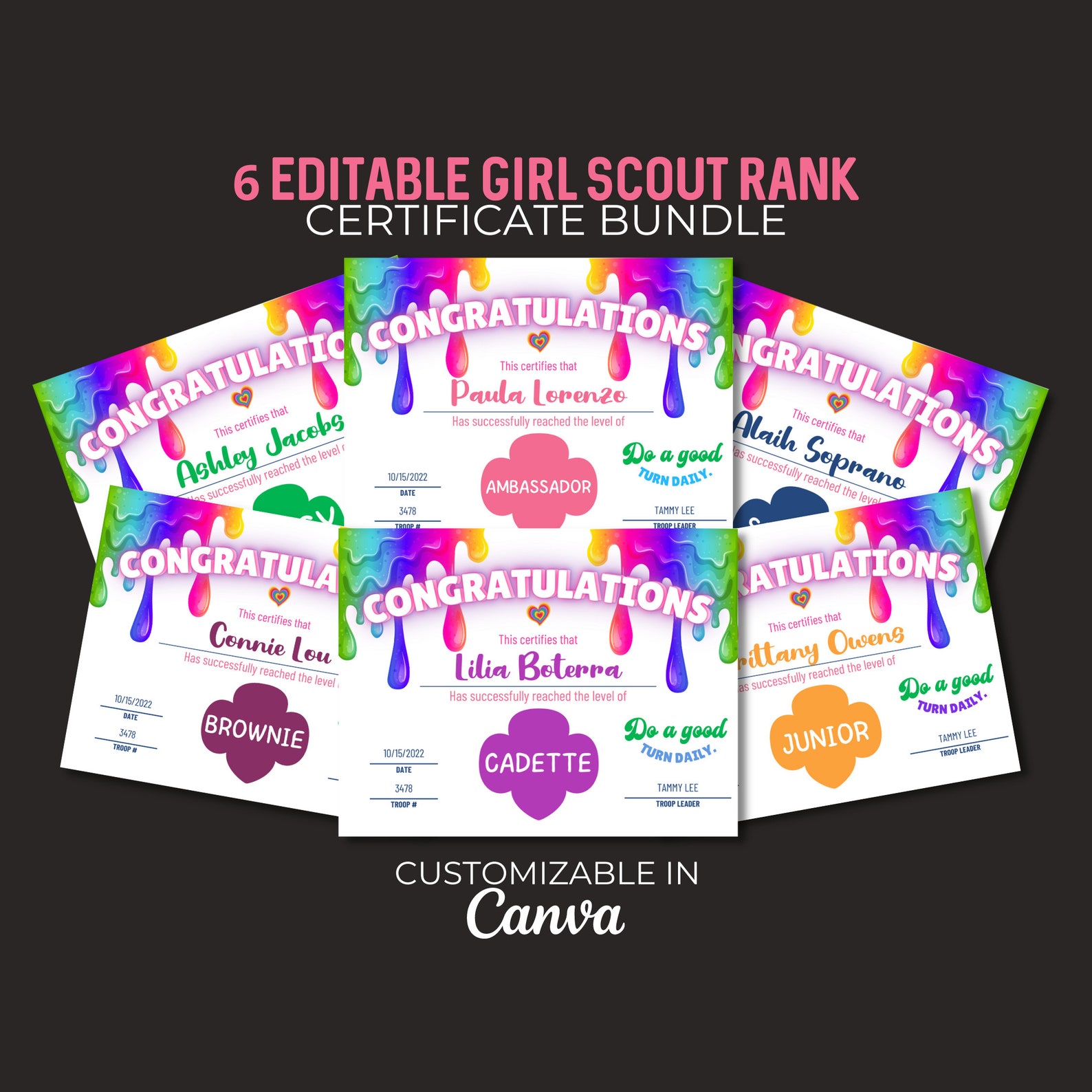 Girl Scout Rank Achievement Certificate Editable Award Bundle Etsy