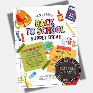 Editable Back to School Supply Drive Flyer Printable Back to School Sign Start of the Year Customizable  Poster PTA PTO Flyer