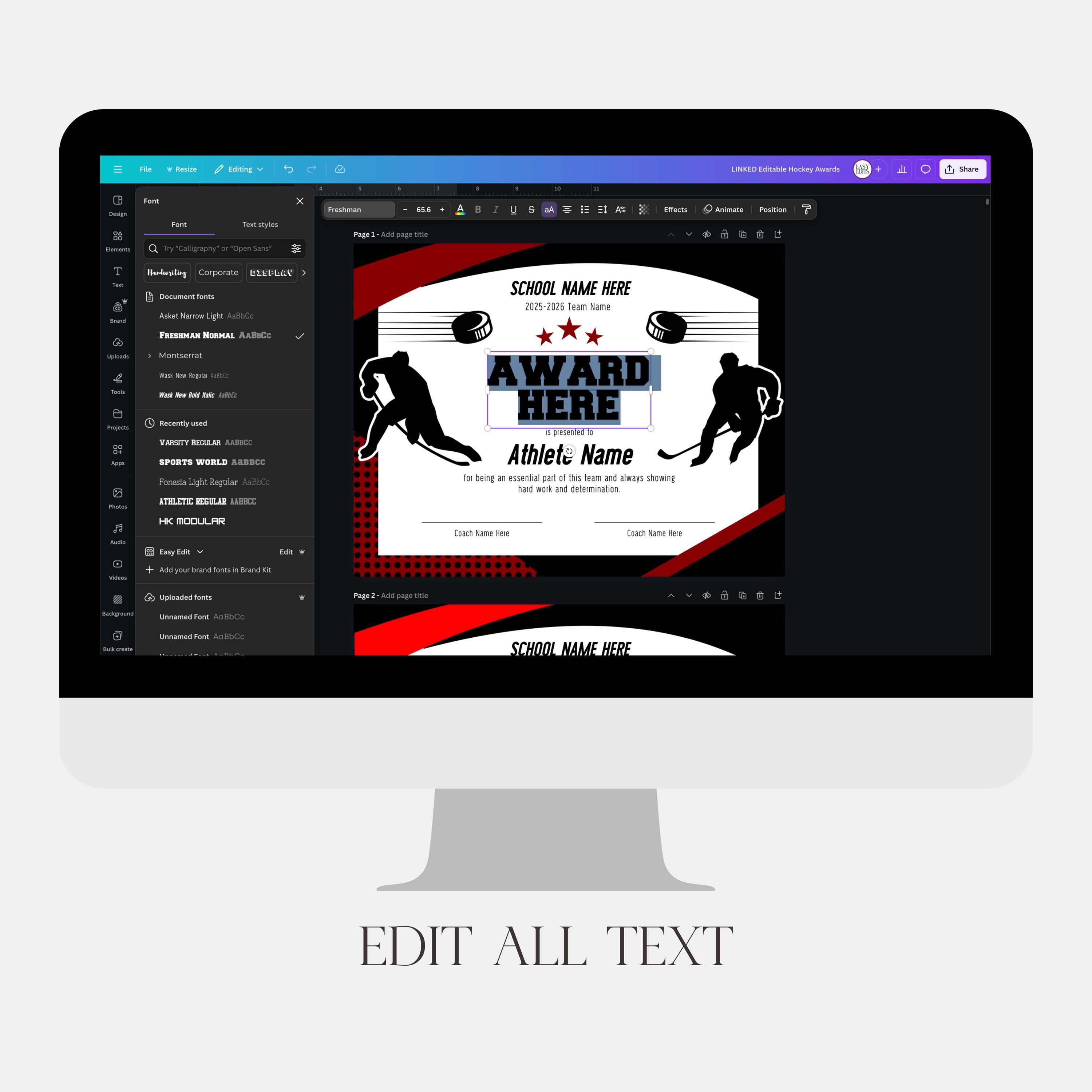 Editable Hockey Certificate Awards Template, 40 Award Certificates in 8 ...