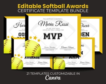Editable Softball Award Certificate Bundle, Team Party  Template Bundle, Printable, End of Season Softball Awards, Yellow