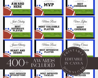 Puede incluir: Certificados de premio de fútbol imprimibles en azul, verde y blanco con un gráfico de fútbol. El texto en los certificados incluye "MVP", "Mejor jugador defensivo", "Jugador más valioso", "Mayor coraje", "Corazón y deseo", "Mejor jugador ofensivo", "Intercepciones más mejoradas", "Tackleadas más mejoradas" y "Receptor más mejorado". El texto "400+ Premios incluidos" está en letras negras grandes. El texto "Imprimible, Editable en Canva, Descargar" está en letras blancas sobre un círculo negro.