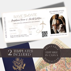 Plantilla de tarjeta de embarque editable, reserva de fecha, boleto imprimible, plantilla de Canva, invitación sorpresa, regalo, boletos de vacaciones, boleto de avión