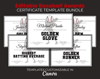Editable Baseball Award Certificate Bundle, Editable  Template Bundle, Printable, End of Season Baseball Awards, Team Party Awards