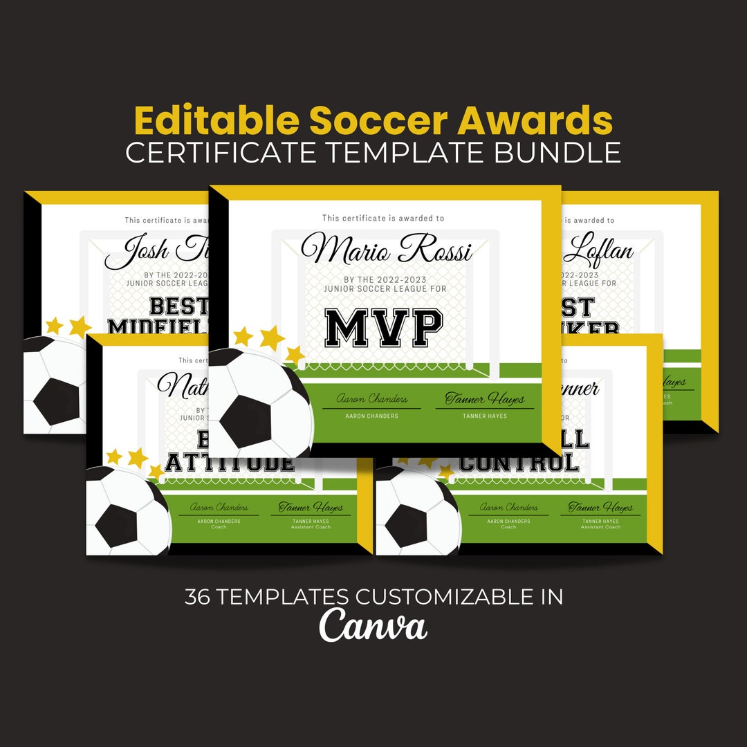 Soccer Award Certificate, Template Bundle, Team Party Printable Award ...
