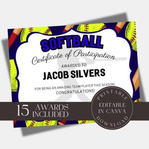Editable Softball Awards Printable Softball Team Certificate Bundle Canva Template  Team Party Gift for Softball Player