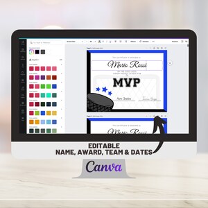 May include: A computer screen displaying a hockey MVP award certificate template on Canva. The certificate is blue and black with a hockey puck and net graphic. The text on the certificate reads "This certificate is awarded to Mario Rossi by the 2022-2023 Junior Hockey League for MVP".