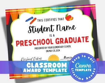 Modèle de certificat de récompense préscolaire, diplôme de fin d'études préscolaire modifiable, récompense de classe de prématernelle imprimable, certificat d'étudiant