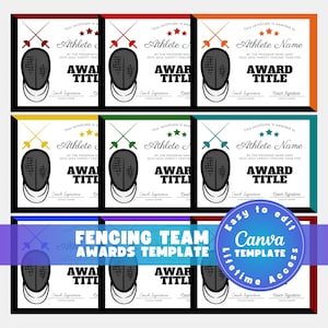 Editable Fencing Team Certificate Template Printable Fencer Award (Canva)