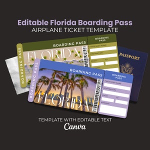Modello modificabile di carta d'imbarco in Florida Biglietto stampabile per le vacanze Invito a sorpresa Regalo Biglietti per le vacanze Biglietto aereo Canva
