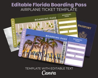 Bewerkbare instapkaart, afdrukbare ticketsjabloon voor vakantie in Florida, verrassingsuitnodiging, cadeau-vakantietickets, vliegticket, aangepast