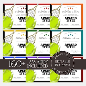 Editable Tennis Certificate Bundle Tennis Award  Team Party Printable Certificate Tennis Participation Award