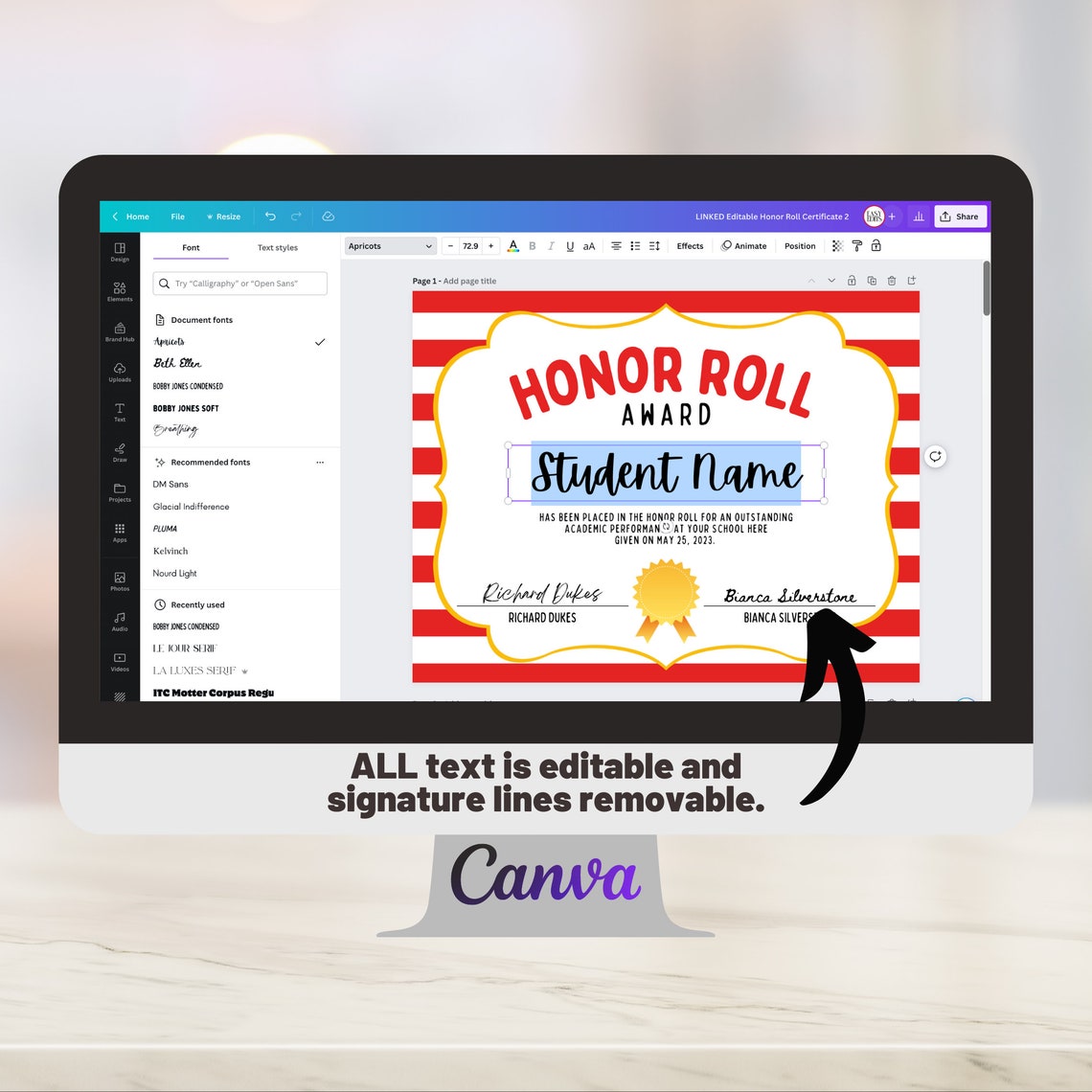 Student Roll Template.pdf Honor Roll Certificate Template, Editable School Academic Award ...