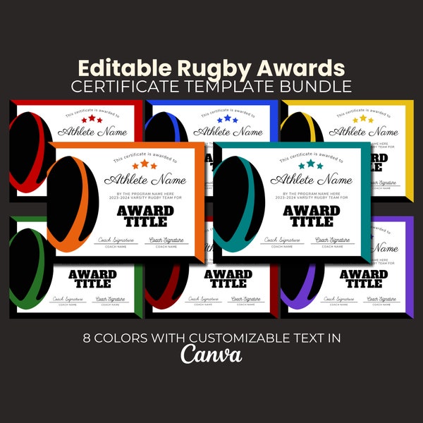 Lot modifiable de certificats de récompense de rugby, modèle modifiable, impression de fête d'équipe, récompenses de fin de saison de rugby, participation au rugby