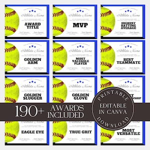 Editable Softball Awards Printable Softball Team Certificate Bundle Canva Template  Team Party Gift for Softball Player
